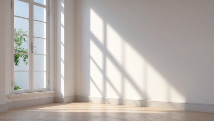 Poster - Bright interior space with natural light casting shadows through a window enhancing a serene and minimalist atmosphere.