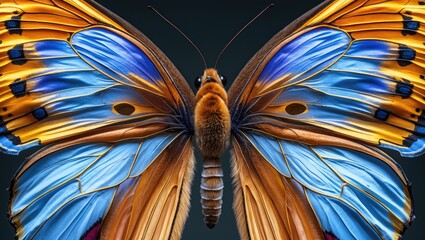 Poster - Macro view of butterfly wings showcasing intricate patterns and vibrant colors against a soft background, highlighting natural textures and beauty.
