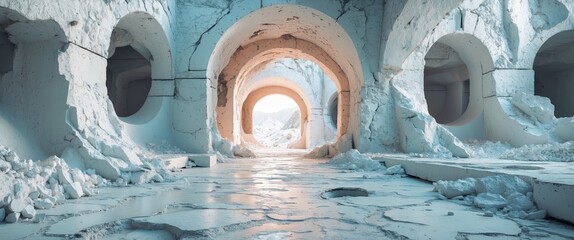 Poster - Abstract Ice Cave with Cracked Walls and Archways Illuminated by Natural Light