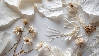Poster - Delicate white mulberry paper texture featuring dried flowers and leaves offering a natural, abstract background ideal for creative projects.