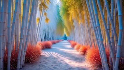 Poster - Vibrant bamboo forest pathway showcasing colorful foliage and sandy pathway in a serene natural setting for relaxation and inspiration.