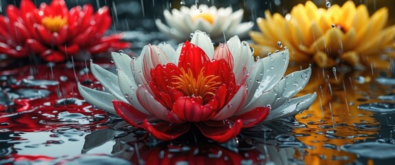 Poster - Vibrant water lilies in red, white, and yellow displayed on a serene water surface with raindrops creating a tranquil floral scene