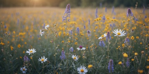 Poster - Vibrant Wildflower Meadow with Colorful Blooms and Soft Sunrise Light Ideal for Text Overlay and Nature-Themed Designs