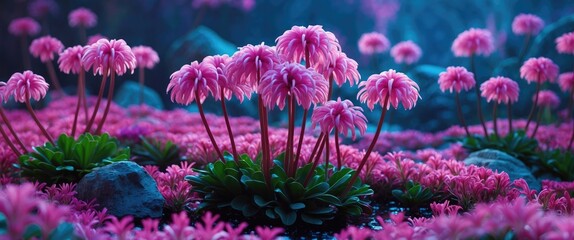 Poster - Vibrant wild cyclamen flowers in a mystical landscape with lush greenery and rocks creating a serene nature backdrop.