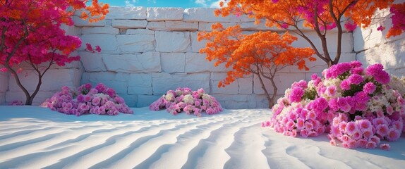 Poster - Vibrant Floral Landscape with White Sand and Colorful Trees Creating a Serene Nature Scene for Background or Design Use