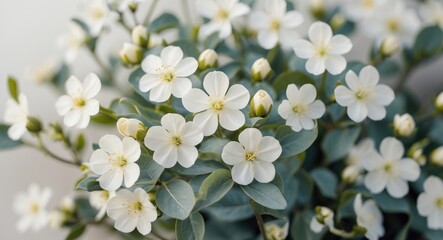 Poster - Delicate White Blossoms with Lush Green Leaves Creating a Serene Background for Text or Design Elements