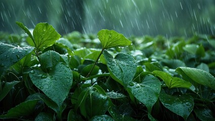 Poster - Lush green leaves glistening with raindrops in a serene natural setting conveying freshness after a rainstorm.