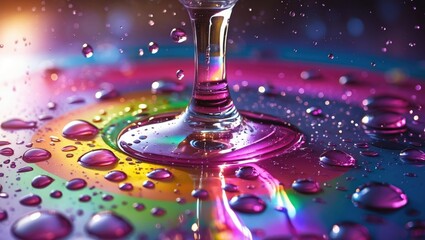 Poster - Colorful water droplets on a glass surface creating a vibrant rainbow effect with reflections and textures in a stunning macro view