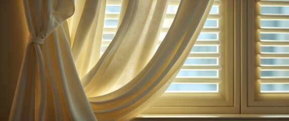 Poster - Elegant white curtain and wooden blinds enhancing natural light in a stylish interior setting, perfect for home decor inspiration.