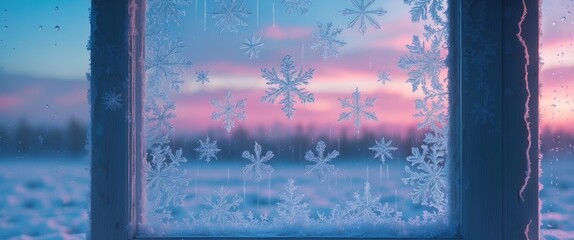 Poster - Frosty window patterns with intricate designs and a beautiful winter sunset in the background, creating a serene and tranquil atmosphere.