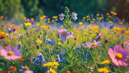 Poster - Vibrant Wildflower Meadow in Full Bloom with Colorful Blossoms and Copy Space for Text Overlay in Summer Setting