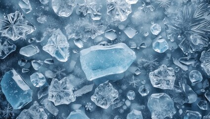 Poster - Frosted ice crystals and geometric shapes close-up creating a textured winter background for seasonal themes and designs