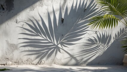 Poster - Tropical palm leaf shadows on a textured gray wall creating a serene summer ambiance for relaxation and beach-inspired decor.