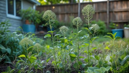 Poster - Lush backyard featuring wild plants flourishing amidst greenery and garden features in a serene outdoor setting.
