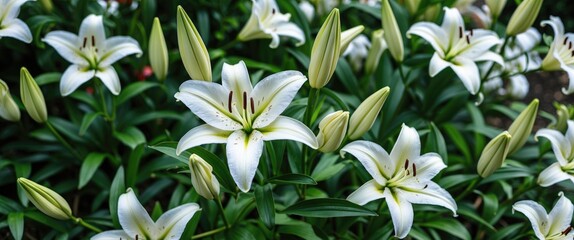 Poster - Elegant white lilies blooming among lush green foliage in a vibrant garden display showcasing nature's beauty and tranquility.