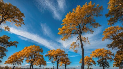 Poster - Autumn foliage under bright blue sky with wispy clouds showcasing vibrant colors of nature and seasonal beauty.
