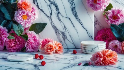 Poster - Elegant white statuario marble surface adorned with vibrant flowers and circular coasters, ideal for ceramic tile backgrounds and decor.