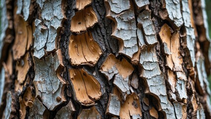 Wall Mural - detailed close-up of textured tree bark showcasing unique patterns and layers highlighting natural b