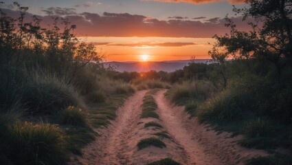 Poster - Serene sunset over a tranquil trail with empty space for text ideal for nature or outdoor themed projects.