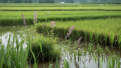 Poster - Wildflowers Surrounded By Lush Green Rice Fields With Reflective Water Surface Under Soft Natural Light