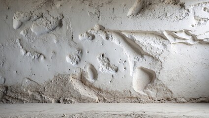 Poster - Textured white cement wall with irregular patterns suitable for backgrounds or artistic projects. Perfect for use in interior design concepts.