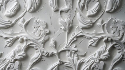 Poster - Textured white plaster wall with intricate abstract floral patterns showcasing depth and artistry in close-up macro photography.