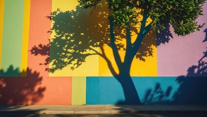 Poster - Vibrant colored wall with distinct tree shadow creating a playful and artistic outdoor ambiance in urban setting.