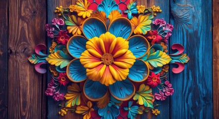 Poster - Colorful floral design on wooden background showcasing intricate patterns and vibrant hues for artistic and decorative inspirations.