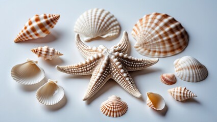 Poster - White Finger Starfish Surrounded By Assorted Seashells On A Clean White Background Ideal For Beach Themes And Coastal Decor