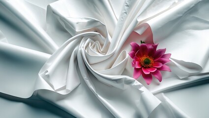 Poster - Elegant white fabric draped artistically with a vibrant pink flower for a fresh and minimalistic design aesthetic.