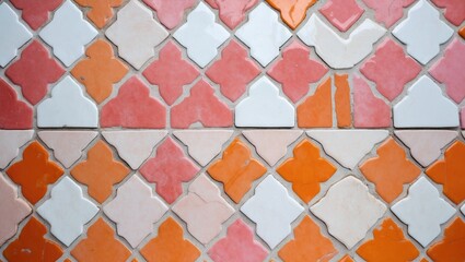 Poster - Colorful white pink and orange tile floor pattern creating a vibrant decorative background for various design applications