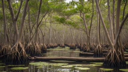 Poster - Mangrove Forest Landscape with Vibrant Trees and Still Water Reflection Featuring Blank Space for Text or Visuals