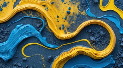  - Vibrant abstract ground texture featuring colorful blue and yellow paint swirls and patterns on a dark backdrop for artistic backgrounds.