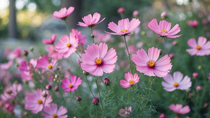 Poster - Pink cosmos flowers blooming in a garden with blurred background showcasing natural beauty and vibrant colors in a close-up shot.
