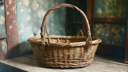 Poster - Rustic Wicker Basket on Wooden Surface in Vintage Styled Interior Setting
