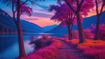 Poster - Serene Twilight Landscape with Pink Trees and Reflections on a Calm Reservoir Surrounded by Majestic Mountains