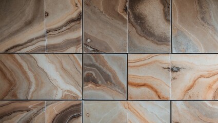 Poster - Marble tile surface with elegant swirling patterns in warm beige and brown tones suitable for interior design and home decor projects.