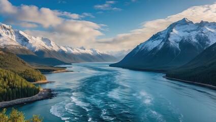 Poster - Breathtaking View of Snow-Capped Mountains and Serene River in Southern Landscape with Clear Blue Skies and Empty Space for Text