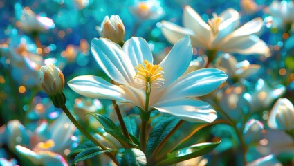 Poster - Elegant white flowers in a dreamy landscape with a vibrant bokeh background, showcasing nature's beauty in soft hues and intricate details.