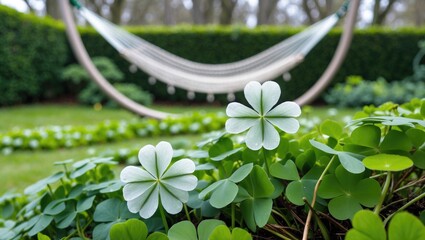 Poster - Close-up of white clover and shamrock in a serene garden setting with a hammock and lush greenery in the background.