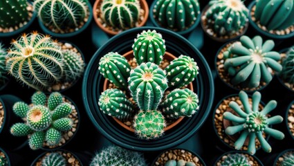 Poster - Top view of various small cactuses in black pots arranged aesthetically showcasing their unique shapes and vibrant green colors