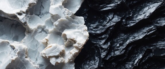 Poster - Textured black background with white marble accents creating a striking contrast in natural stone patterns and colors for modern design.