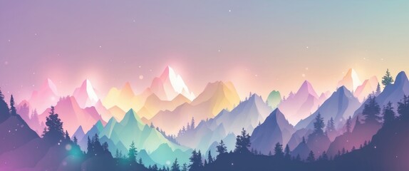 Poster - pastel mountain landscape with soft light and trees providing space for text and design elements in 