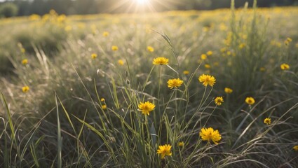 Poster - Vibrant Wild Grass and Yellow Flowers in a Sunlit Field with Space for Text and a Tranquil Nature Background