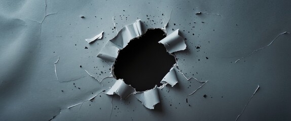 Poster - Ripped gray paper background revealing a dark hole with torn edges and debris creating a dramatic visual effect for creative designs.