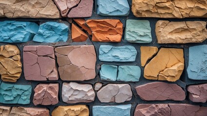 Poster - Colorful textured stone brick wall featuring large cracks and rough surfaces, ideal for backgrounds and architectural designs.
