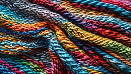 Poster - Colorful knitted fabric texture showcasing thick multi-colored yarn in a vibrant and intricate pattern perfect for textile design projects.