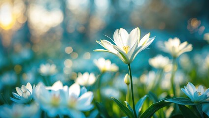 Poster - Delicate white flowers blooming in spring with a soft, dreamy background creating a refreshing and tranquil atmosphere.