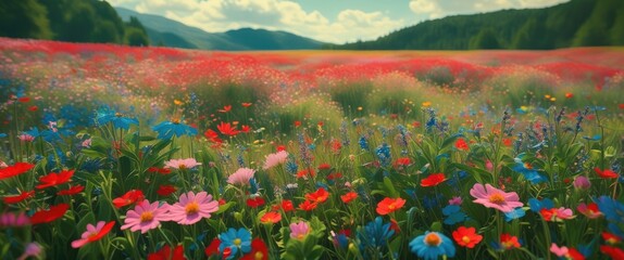 Poster - Vibrant Wildflower Meadow Landscape Full of Colorful Blooms in Multicolors Ideal for Nature-Themed Backgrounds and Wallpapers