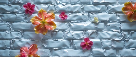 Poster - Textured white wall background with colorful flowers creating a vibrant and fresh aesthetic ideal for creative designs and presentations.